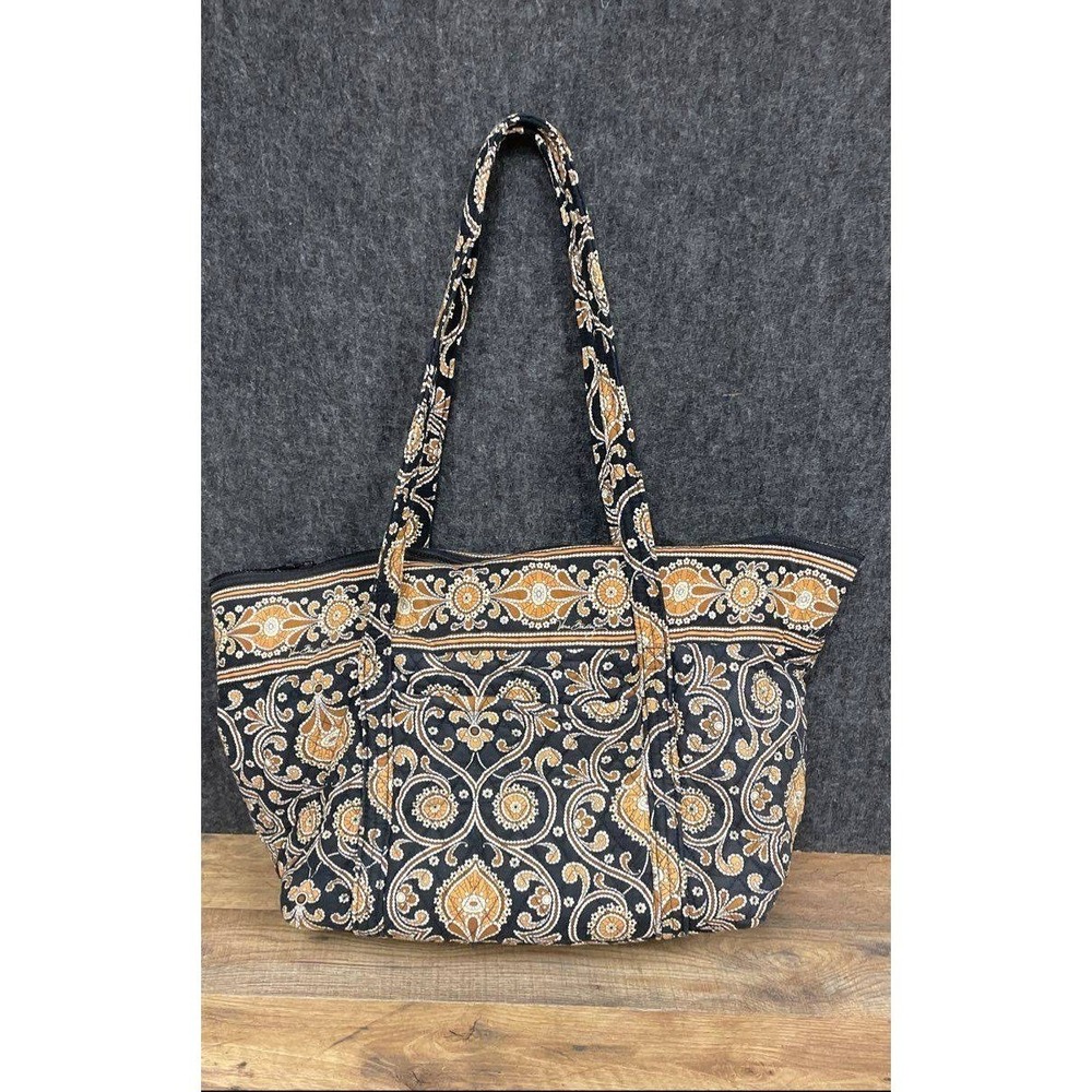 Vera Bradley XL Tote Bag Quilted Cotton Black‎ Gold Medallion Paisley Zippered